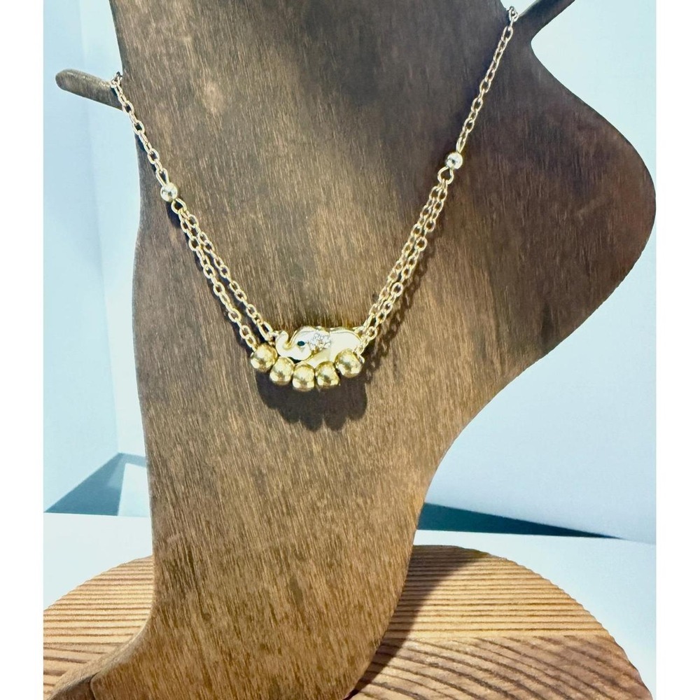 Gold Beads & White Enamel Elephant Charm;  Anklet or Bracelet 8-10"